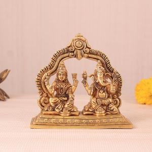 Pure Brass Lord Ganesha & Lakshmi Combined Idol | 5.5" x 6" x 2.7" Divine Murti | 1.8 kg Temple Art | United Deities Sculpture | Sacred Gift | Jaipurio